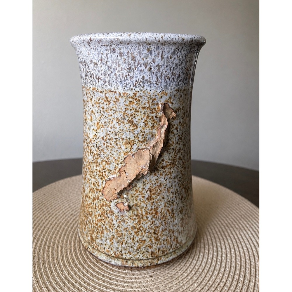 Studio Artisan Signed Pottery Speckled Glaze Vase Wabi Sabi Stoneware 1970s-80s